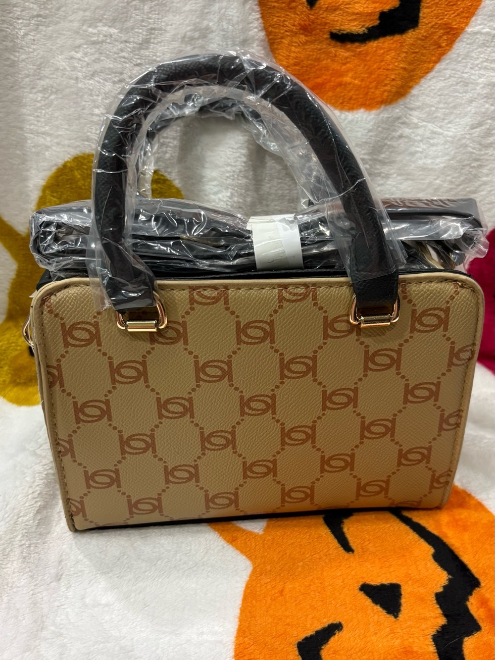 bebe Two-Tone Mini Satchel in Beige and Black with Gold Hardware - Picture 3 of 5